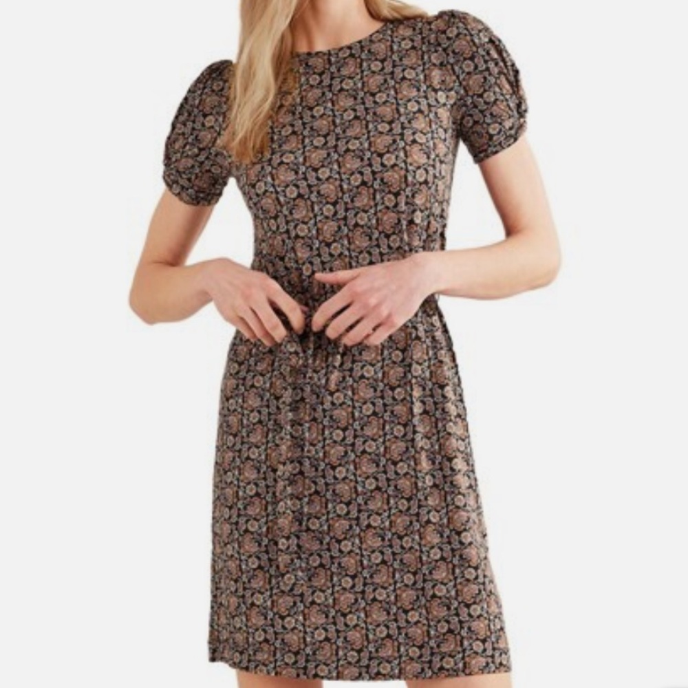Boden Puff Sleeve Tie Waist Fit & Flare Dress - Black Block Paisley. Size 12L